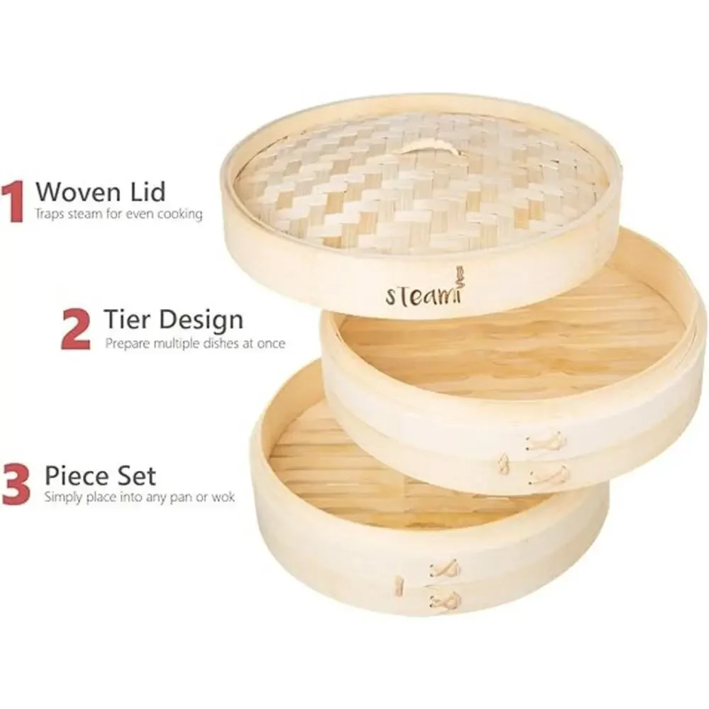 Bamboo Steamer Basket (10 inch) with Liners and Recipe Guide